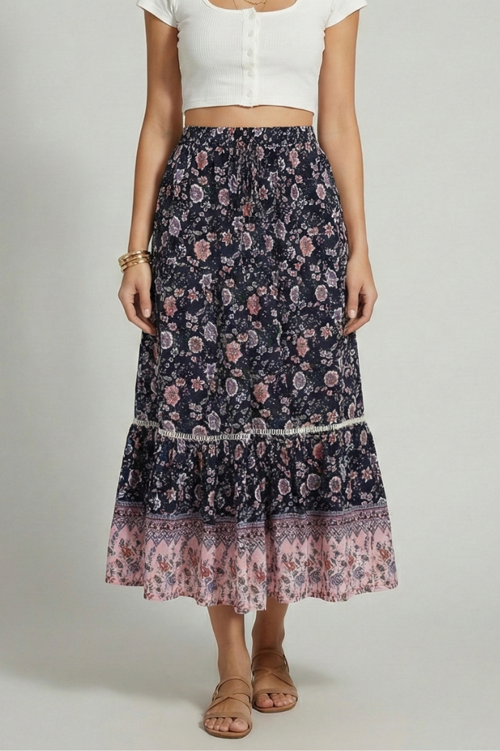 Geraldine | Women's Midi Skirt with Elastic Waist and Printed Border