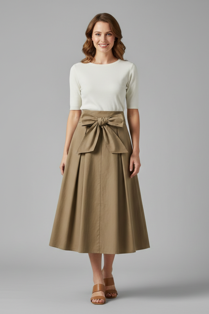 Fortuna | Women's Midi Skirt with High Waist and Bow Detail