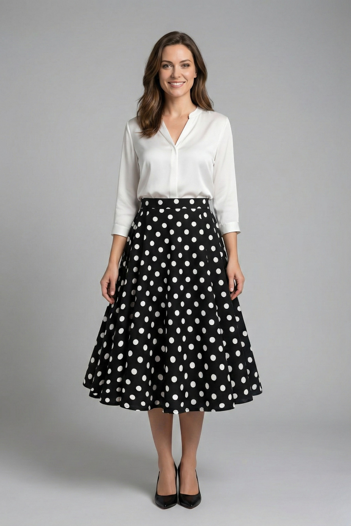 Gabriela | Women's Midi Skirt with High Waist and Polka Dot Print