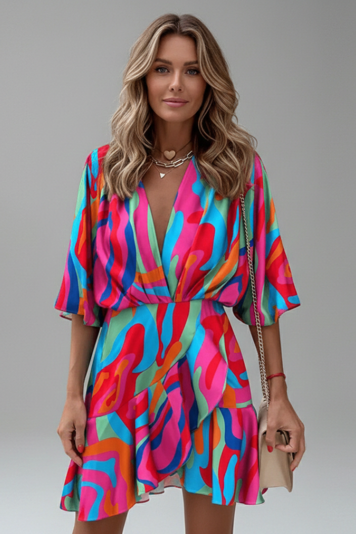Rochelle | Women's Mini Dress with Batwing Sleeves and Waist Tie