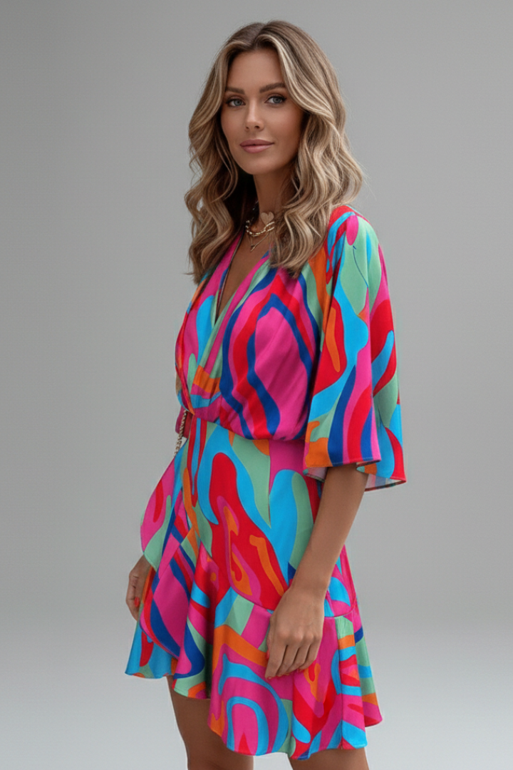 Rochelle | Women's Mini Dress with Batwing Sleeves and Waist Tie