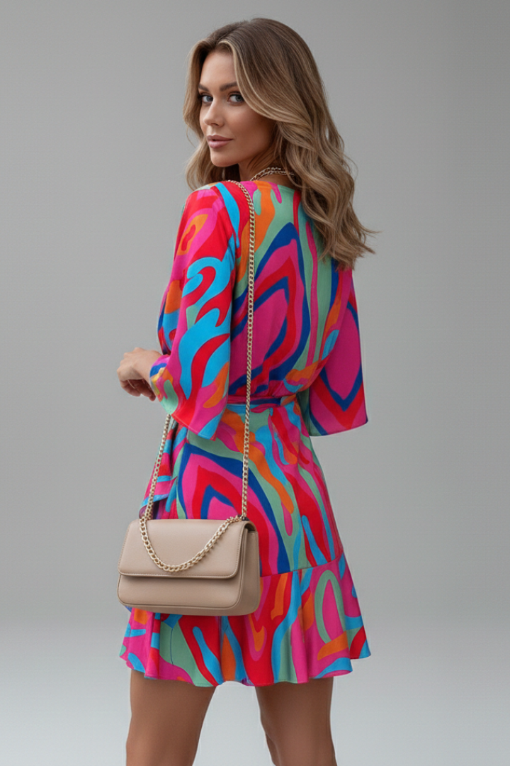 Rochelle | Women's Mini Dress with Batwing Sleeves and Waist Tie