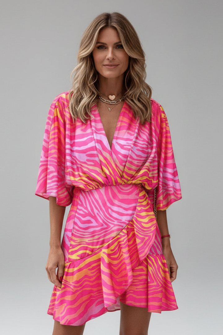 Rochelle | Women's Mini Dress with Batwing Sleeves and Waist Tie