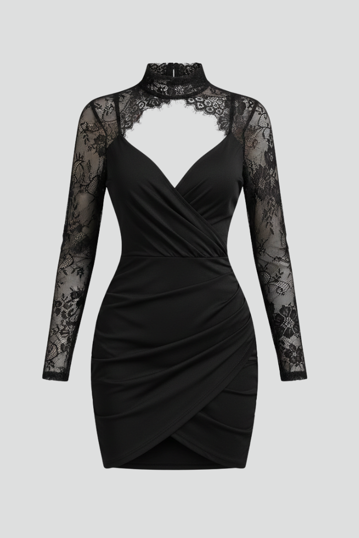 Moira | Women's Mini Dress with High Neck and Lace Sleeves