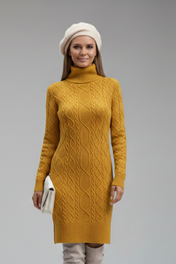 Marigold | Women's Mini Dress with Roll Neck and Cable Pattern