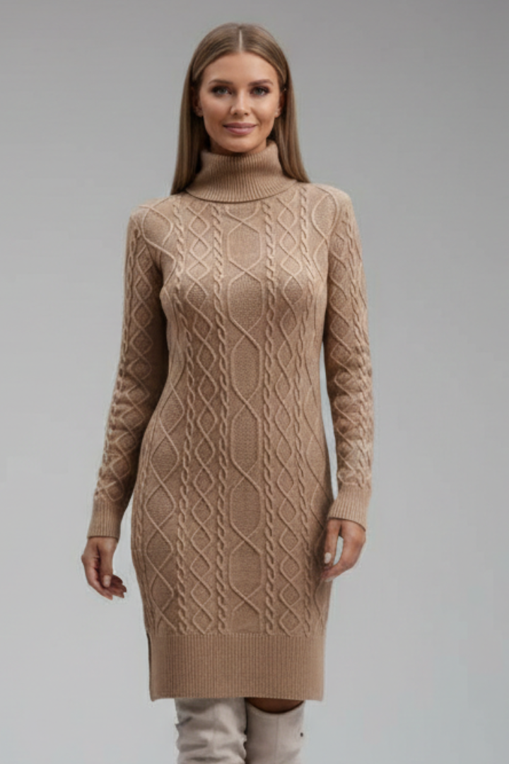 Marigold | Women's Mini Dress with Roll Neck and Cable Pattern