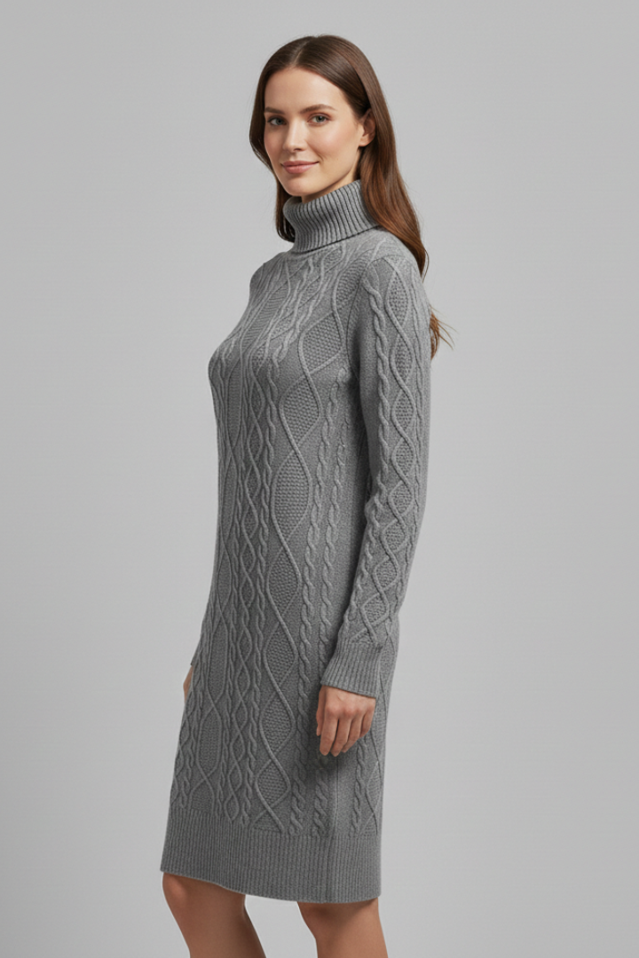 Marigold | Women's Mini Dress with Roll Neck and Cable Pattern