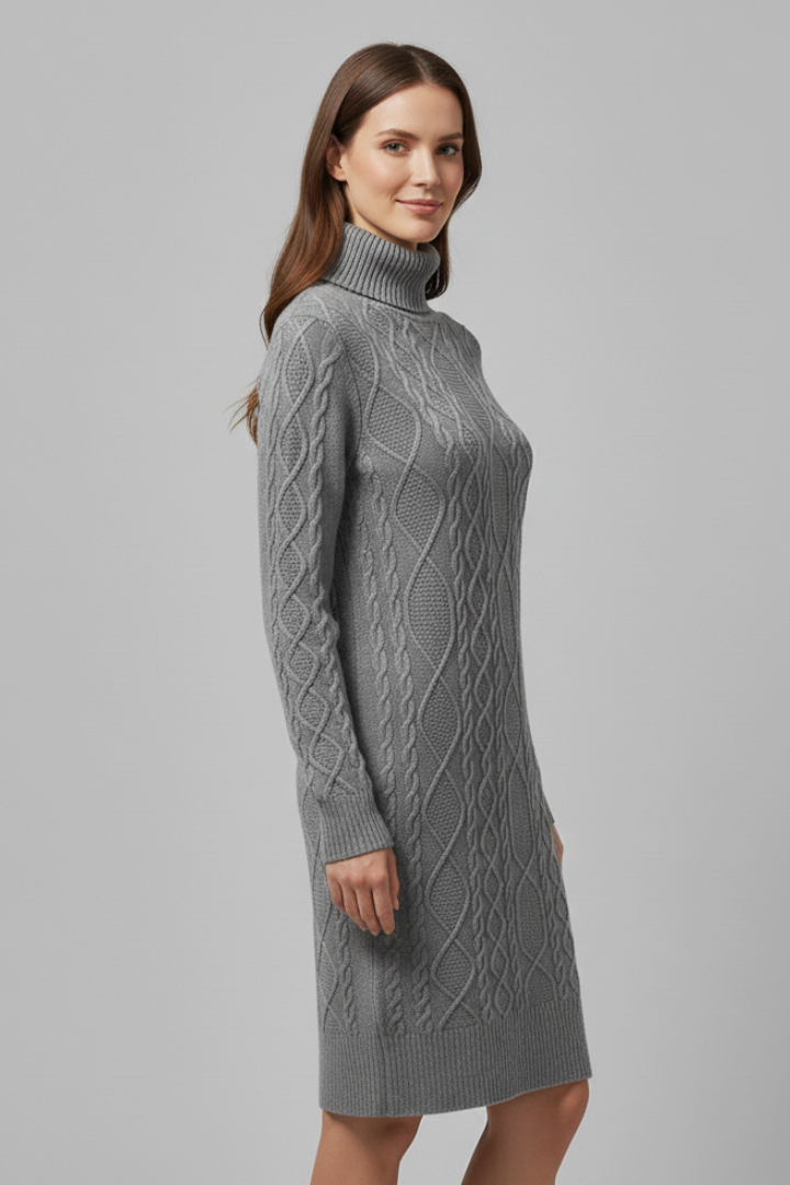 Marigold | Women's Mini Dress with Roll Neck and Cable Pattern
