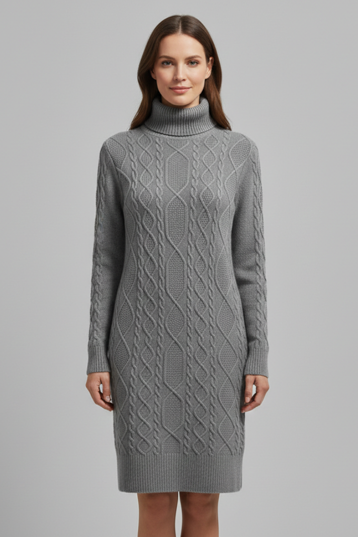 Marigold | Women's Mini Dress with Roll Neck and Cable Pattern
