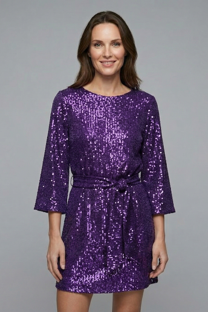 Nella | Women's Mini Dress with Tie Waist and Long Sleeves