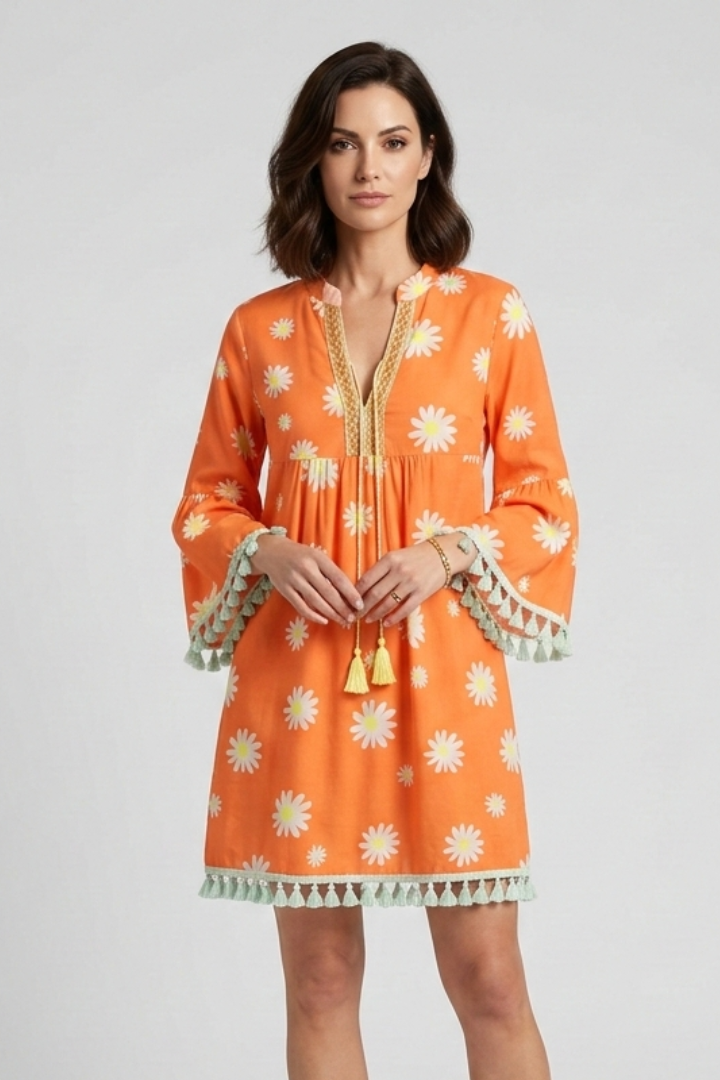 Melania | Women's Mini Dress with V-Neck and Tassel Hem