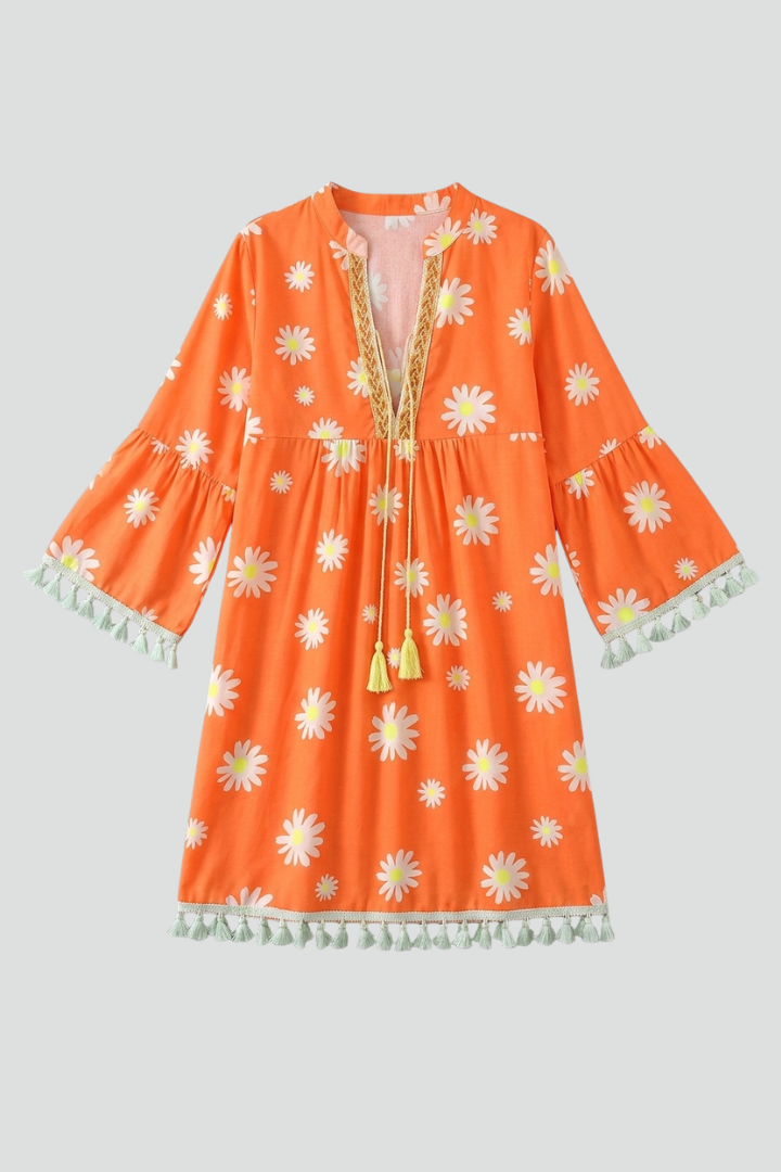 Melania | Women's Mini Dress with V-Neck and Tassel Hem