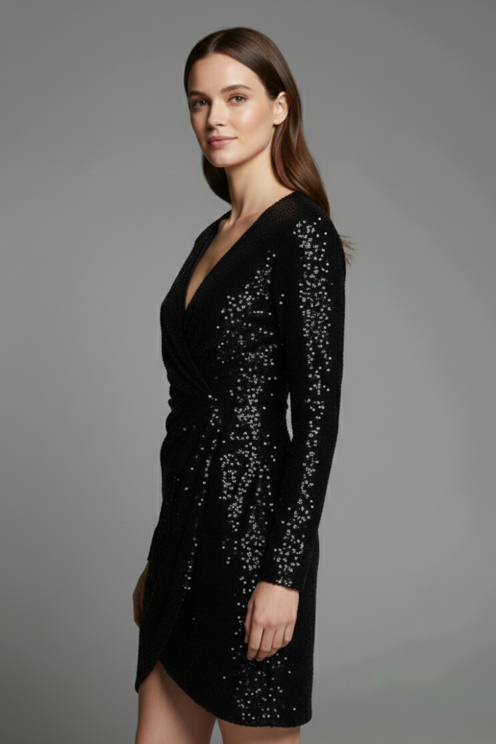 Modesta | Women's Mini Dress with V Neckline and Sequin Surface