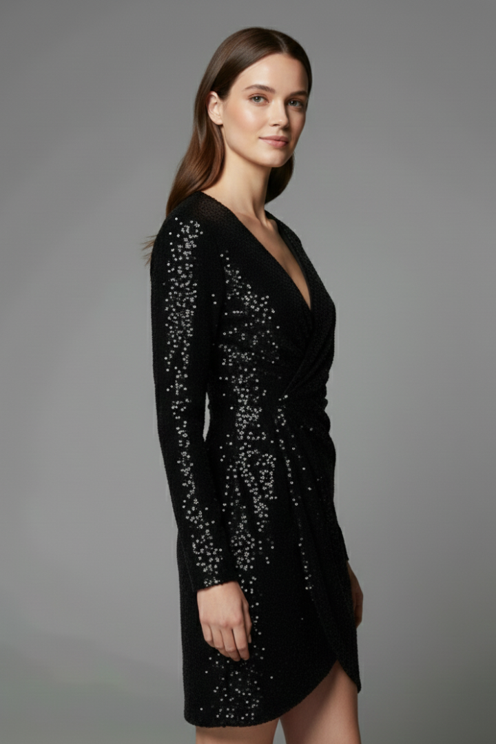Modesta | Women's Mini Dress with V Neckline and Sequin Surface