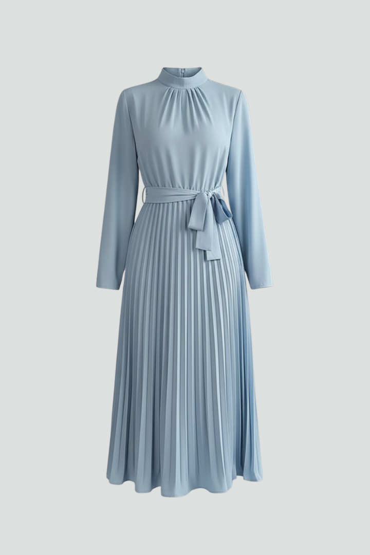 Silvana | Women's Pleated Dress with Long Sleeves and Waist Tie