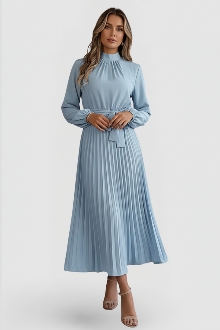 Silvana | Women's Pleated Dress with Long Sleeves and Waist Tie