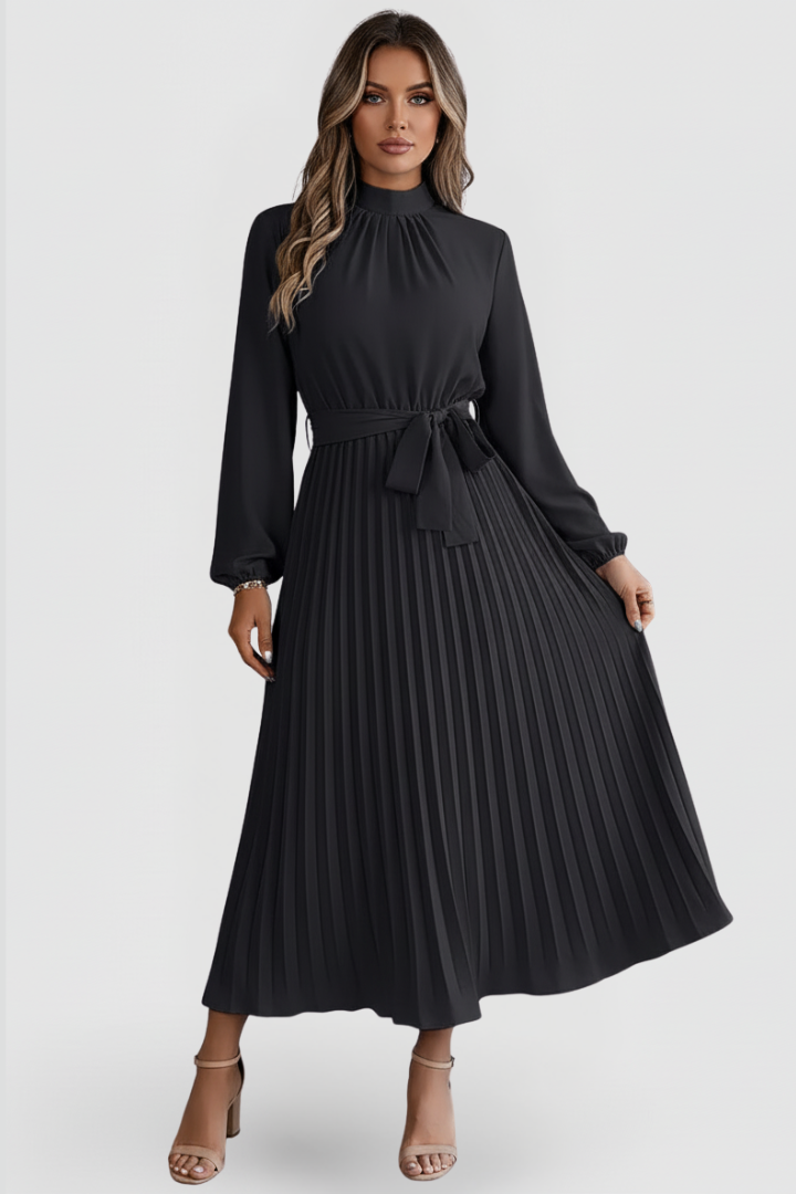 Silvana | Women's Pleated Dress with Long Sleeves and Waist Tie