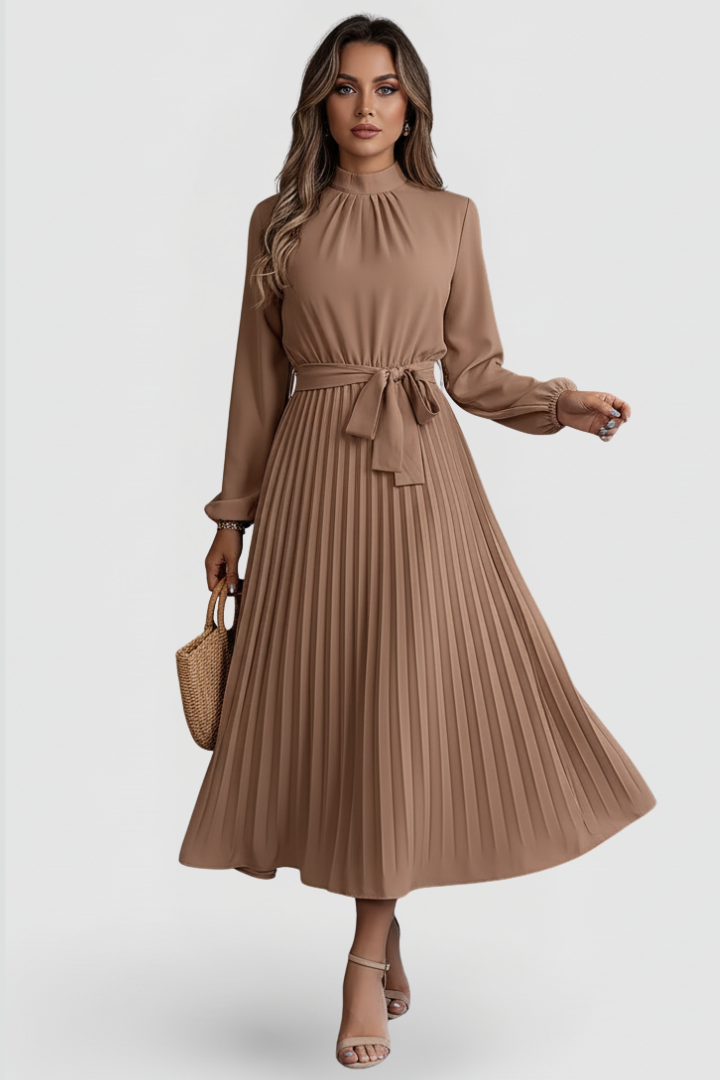 Silvana | Women's Pleated Dress with Long Sleeves and Waist Tie