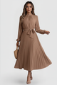 Silvana | Women's Pleated Dress with Long Sleeves and Waist Tie