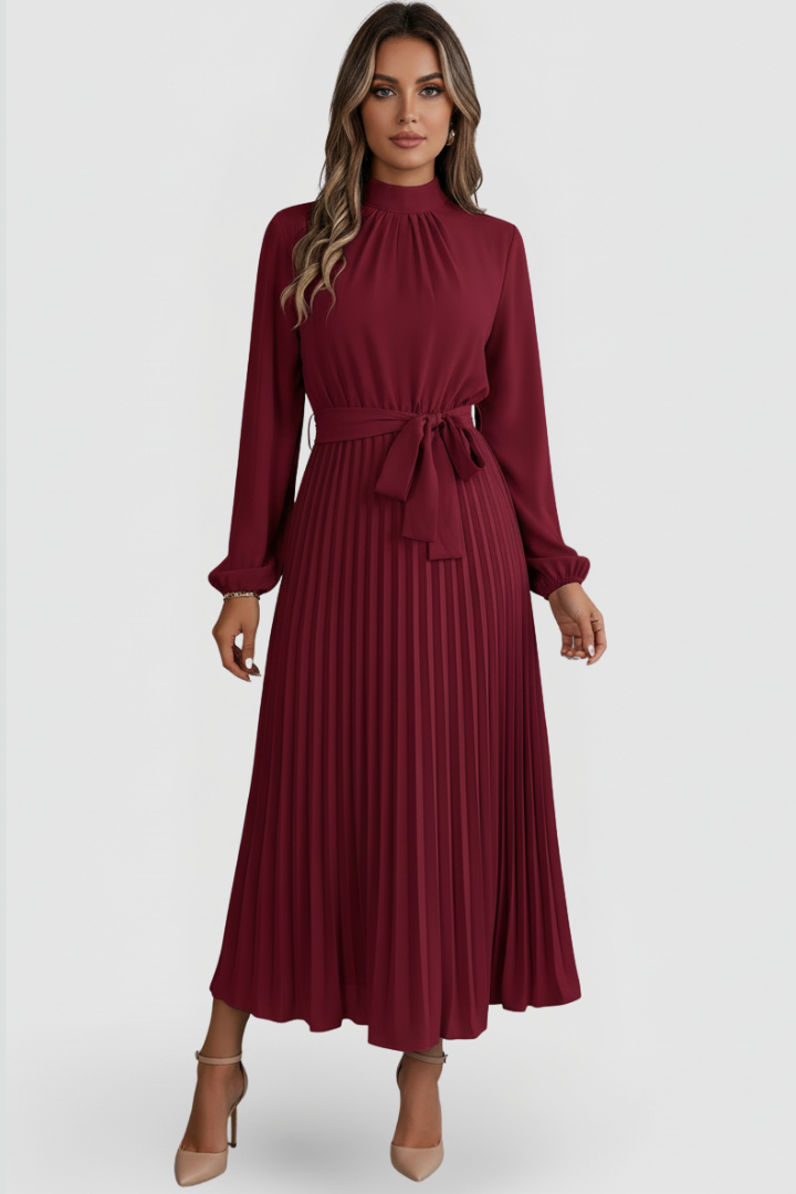 Silvana | Women's Pleated Dress with Long Sleeves and Waist Tie