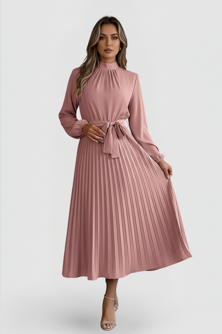 Silvana | Women's Pleated Dress with Long Sleeves and Waist Tie