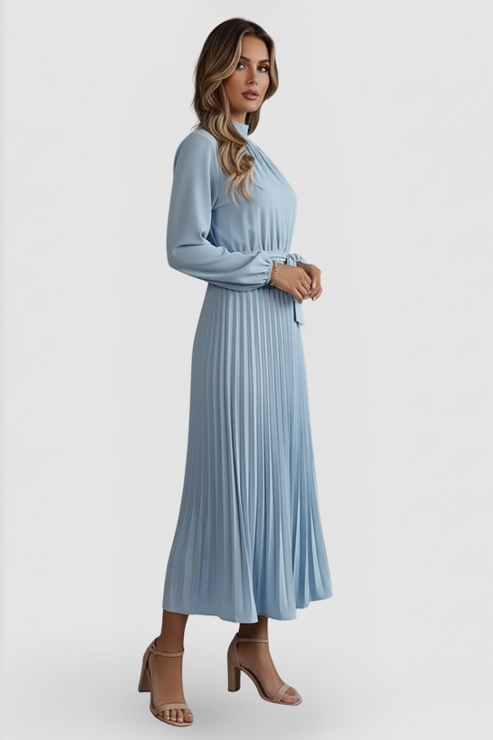 Silvana | Women's Pleated Dress with Long Sleeves and Waist Tie