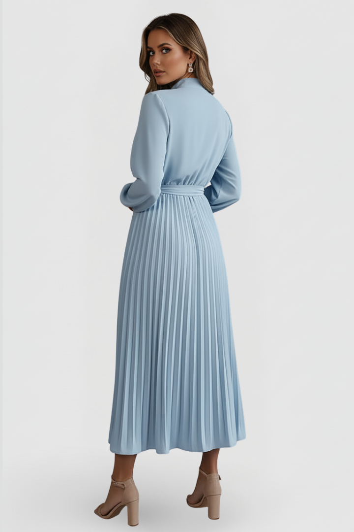 Silvana | Women's Pleated Dress with Long Sleeves and Waist Tie