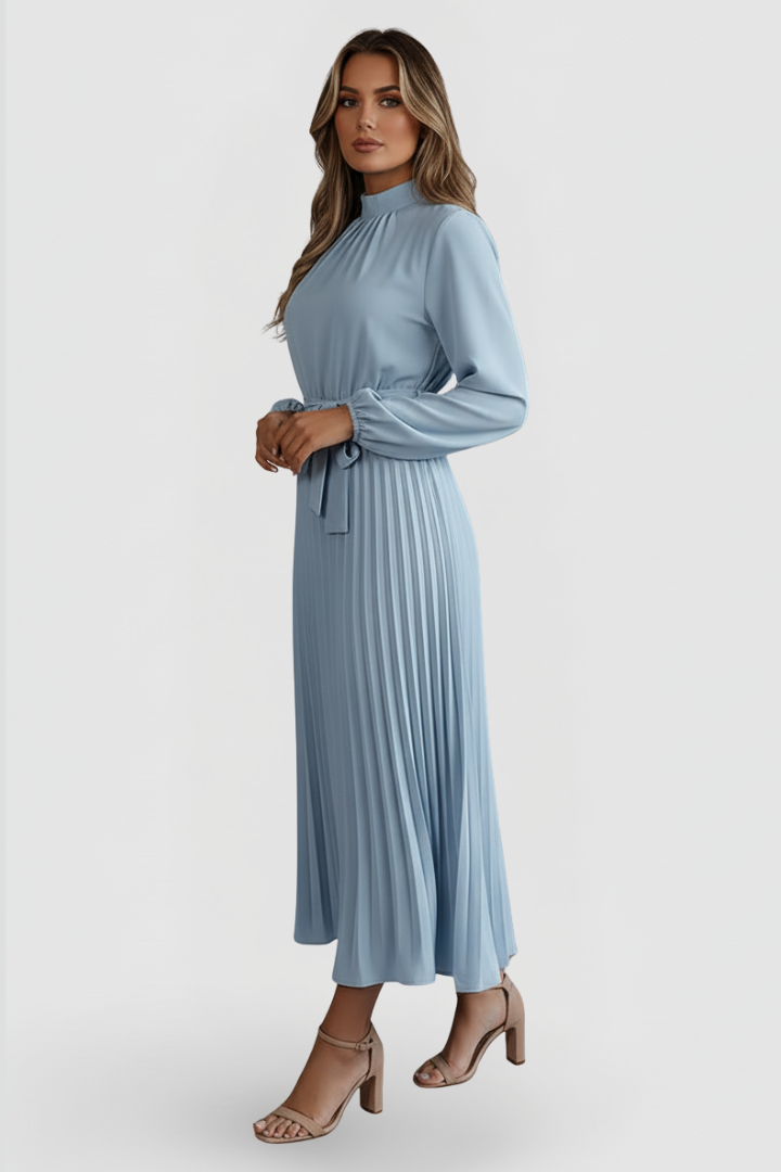 Silvana | Women's Pleated Dress with Long Sleeves and Waist Tie