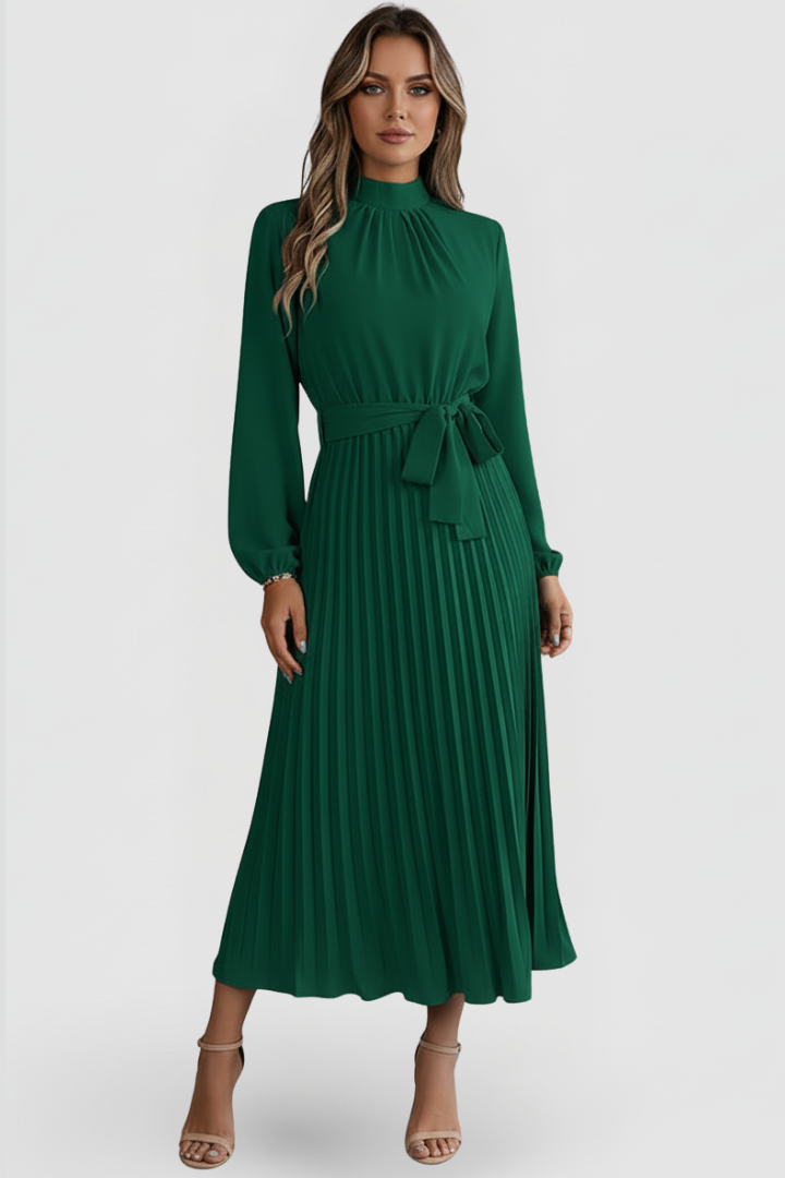 Silvana | Women's Pleated Dress with Long Sleeves and Waist Tie