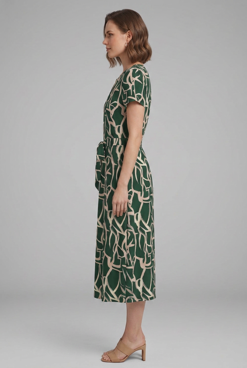 Odalys | Women's Printed Dress with Keyhole Neckline and Waist Tie