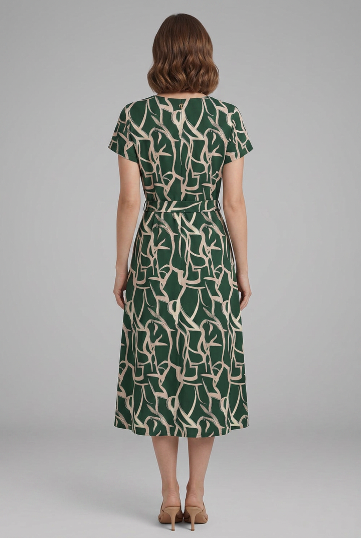 Odalys | Women's Printed Dress with Keyhole Neckline and Waist Tie