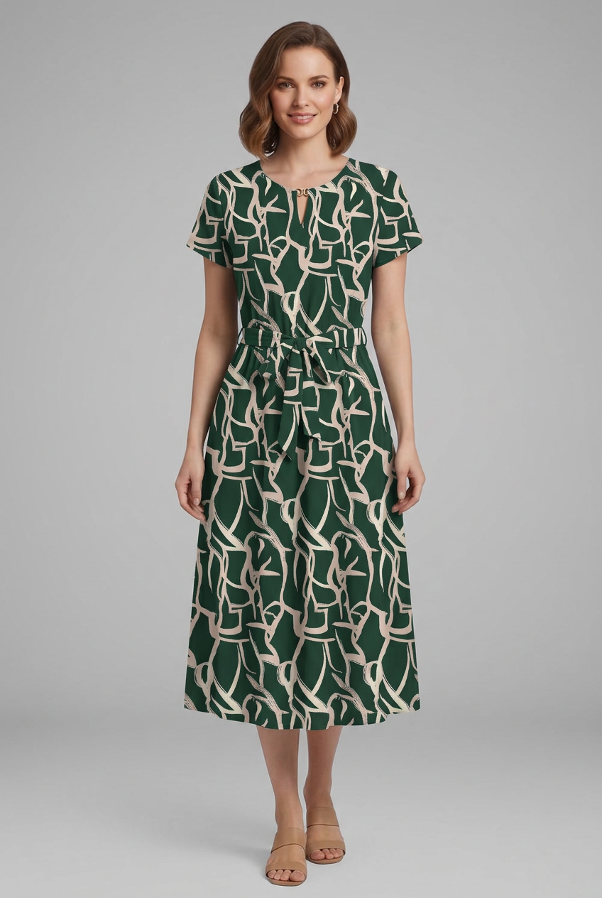 Odalys | Women's Printed Dress with Keyhole Neckline and Waist Tie