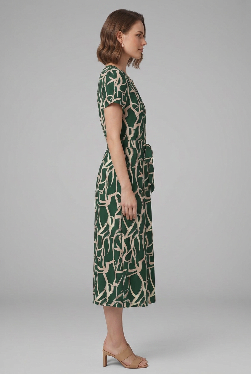 Odalys | Women's Printed Dress with Keyhole Neckline and Waist Tie