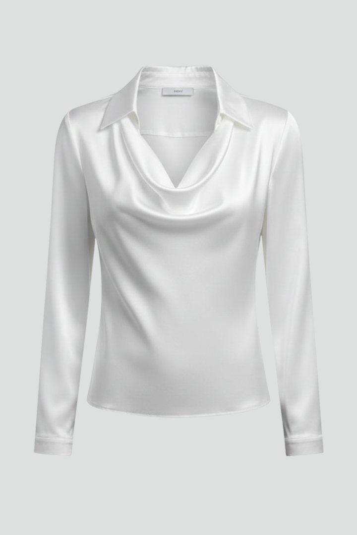 April | Women's Satin Blouse with Draped Collar and Long Sleeves