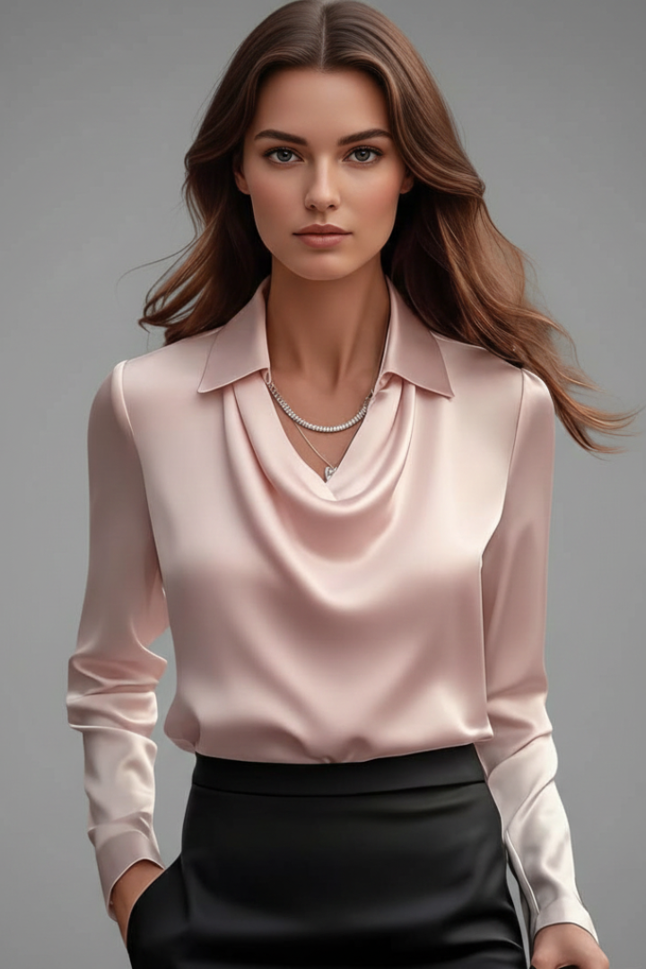 April | Women's Satin Blouse with Draped Collar and Long Sleeves