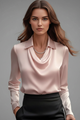 April | Women's Satin Blouse with Draped Collar and Long Sleeves