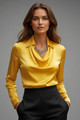 April | Women's Satin Blouse with Draped Collar and Long Sleeves