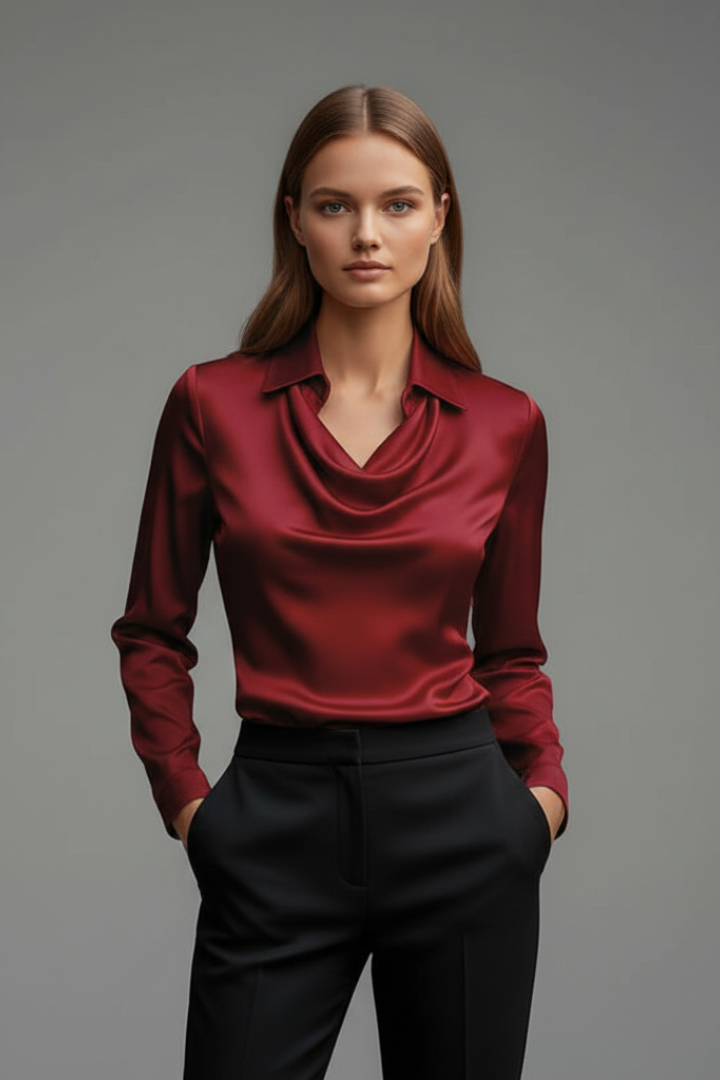 April | Women's Satin Blouse with Draped Collar and Long Sleeves