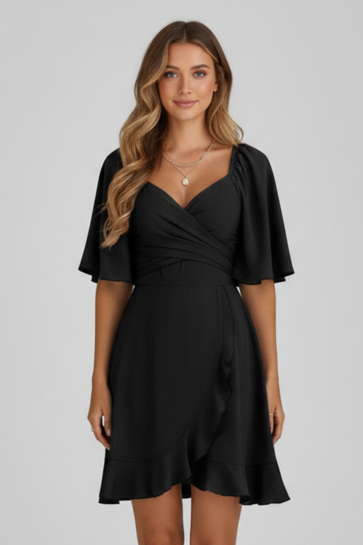 Nessia | Women's Short Dress with V-Neck and Ruffle Hem