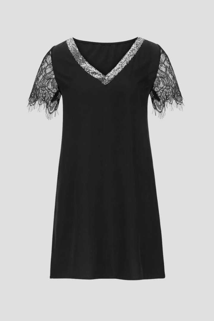 Lilias | Women's Short Dress with V Neckline and Lace Sleeves