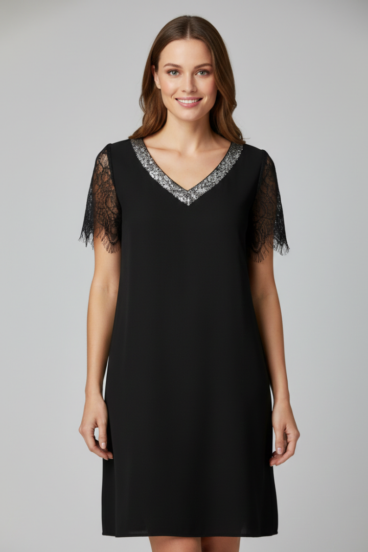 Lilias | Women's Short Dress with V Neckline and Lace Sleeves
