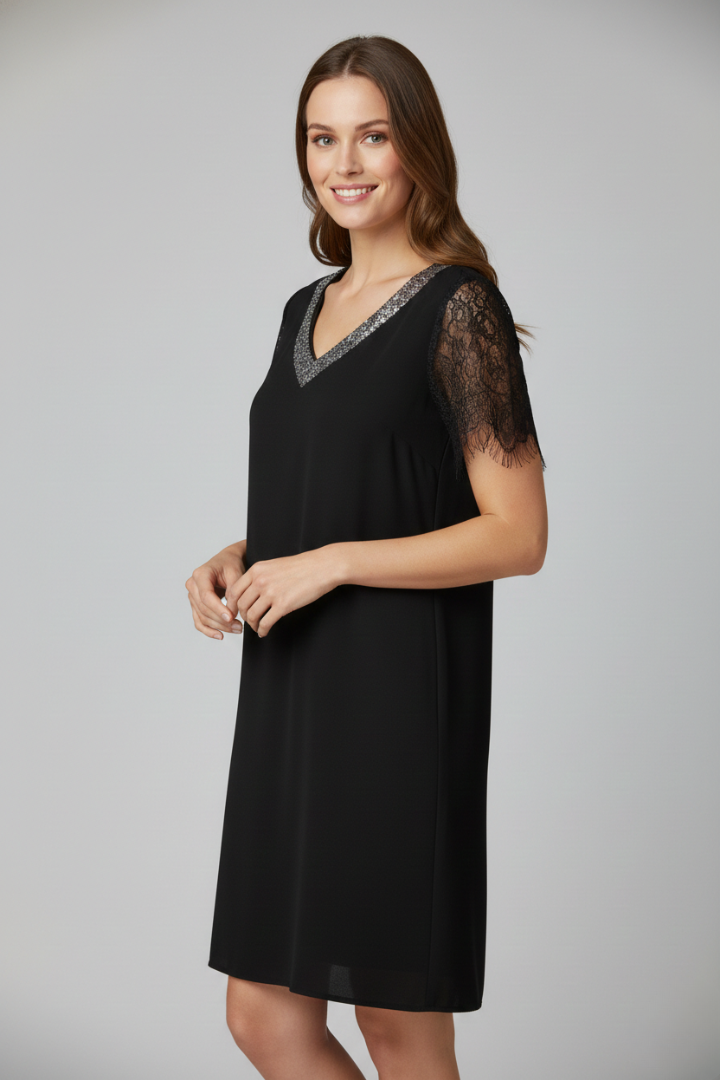 Lilias | Women's Short Dress with V Neckline and Lace Sleeves