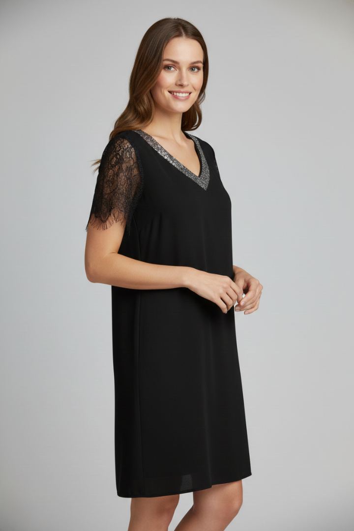 Lilias | Women's Short Dress with V Neckline and Lace Sleeves