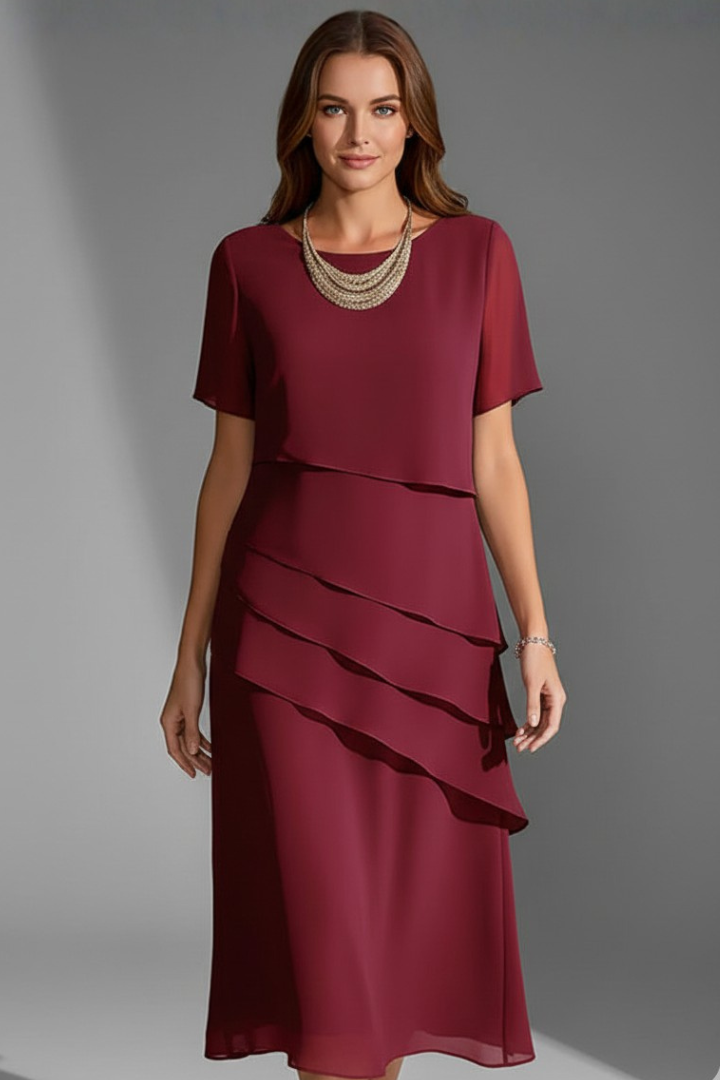 Agnes | Women's Short Sleeve Dress with Layered Front and Straight Hem