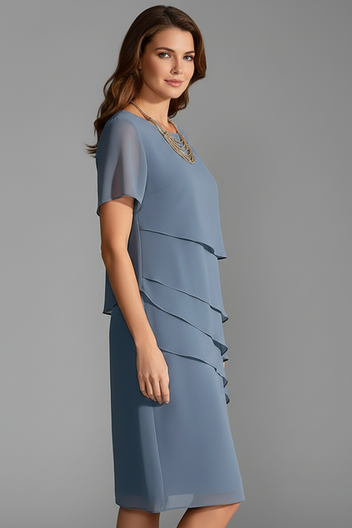 Flavia | Women's Short Sleeve Dress with Layered Front and Straight Hem