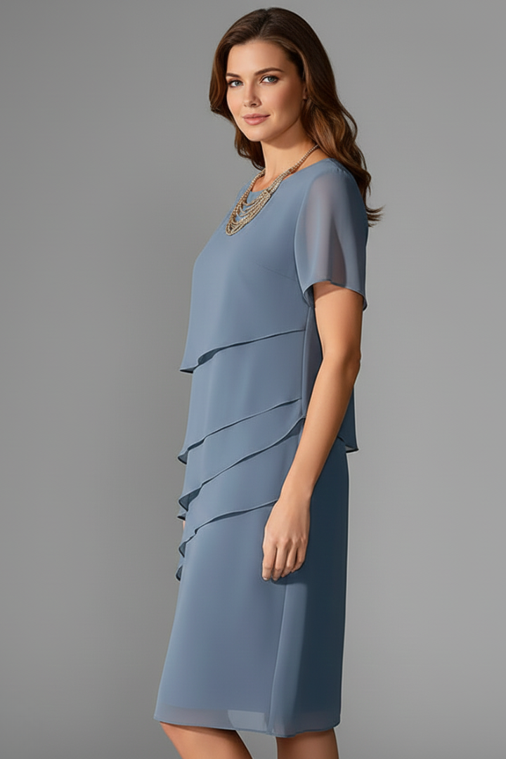 Agnes | Women's Short Sleeve Dress with Layered Front and Straight Hem