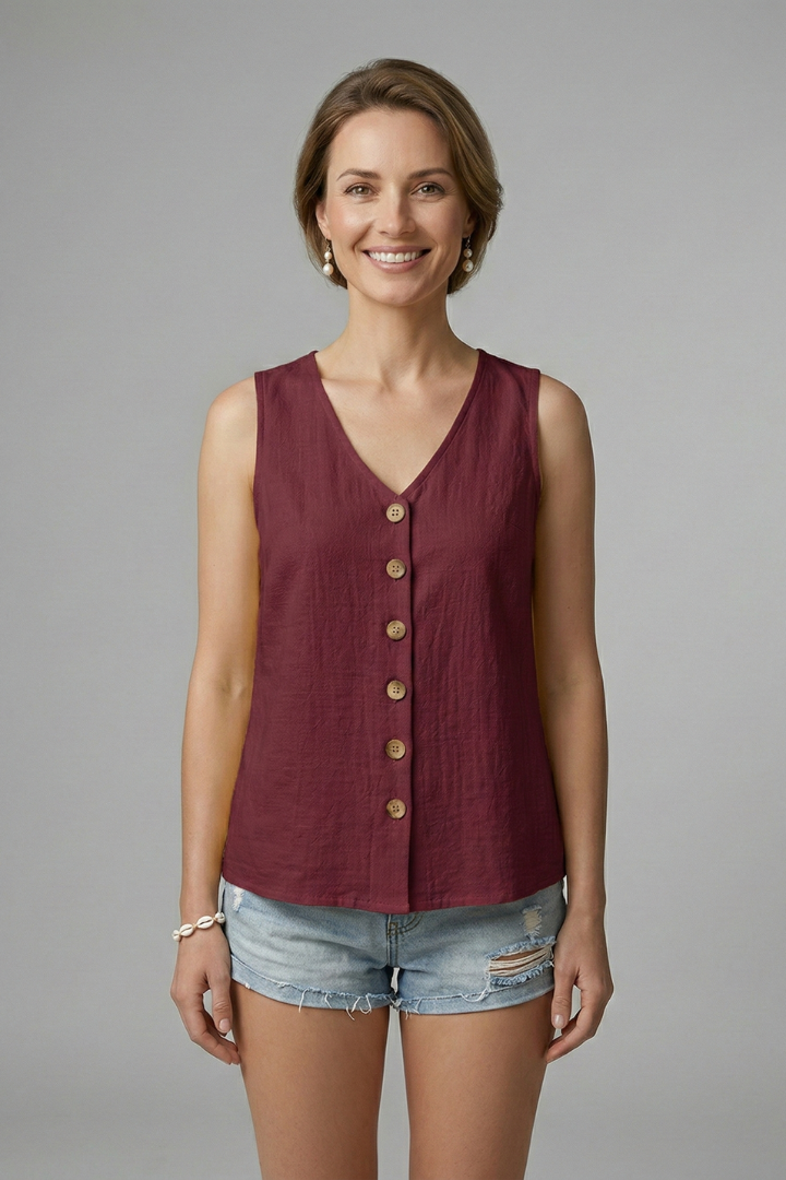Bonnie | Women's Sleeveless Blouse with V-Neck and Button Front