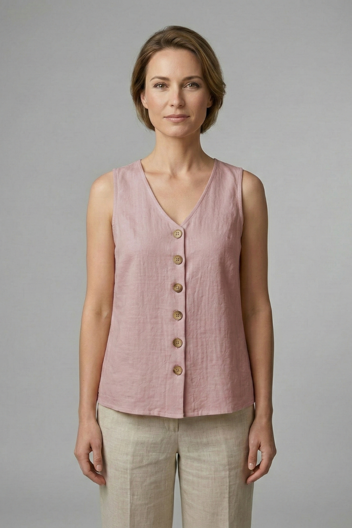 Bonnie | Women's Sleeveless Blouse with V-Neck and Button Front