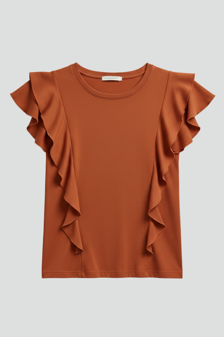 Birgit | Women's T-Shirt with Round Neckline and Ruffle Sleeves