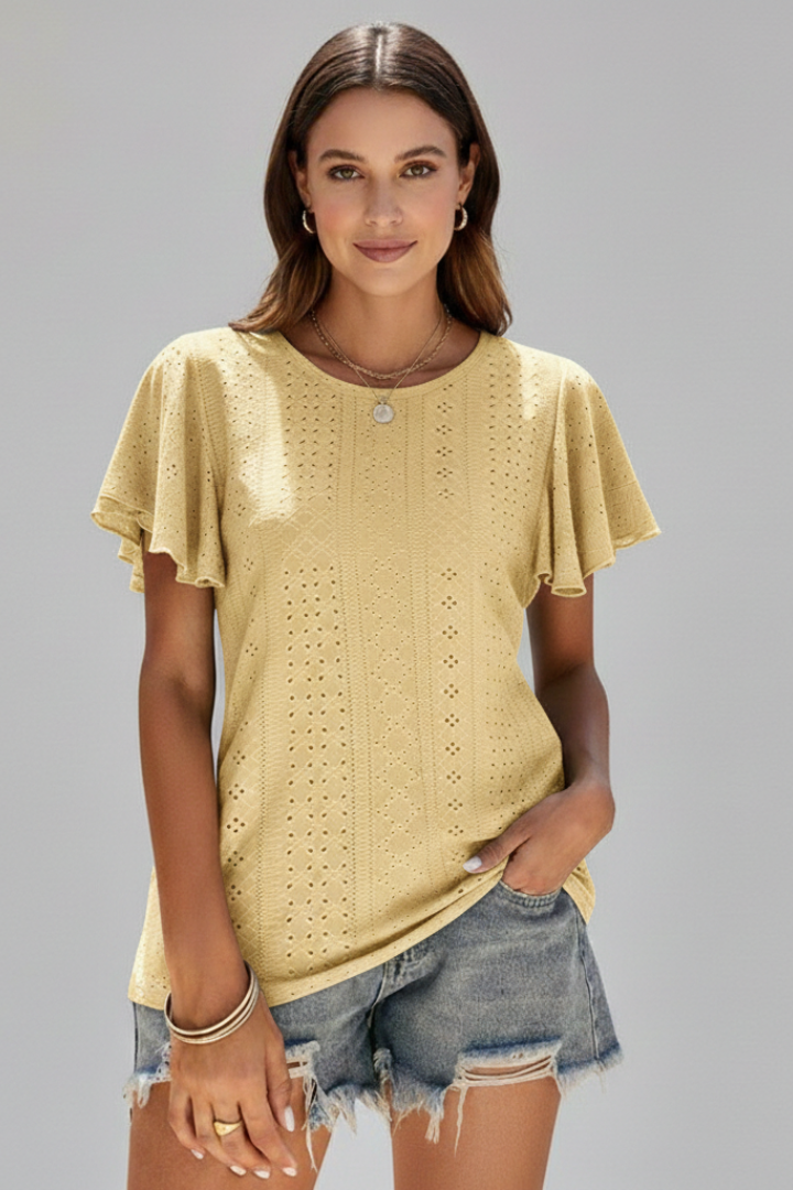 Birgit | Women's T-Shirt with Round Neckline and Ruffle Sleeves